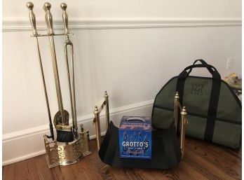 Brass Fireplace Tool Set With Log Holder And More