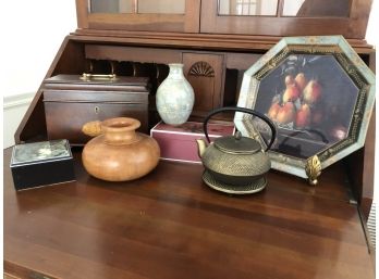 Table Top Decor - Including Wood Tea Caddy And Reverse Painted Glass Plate