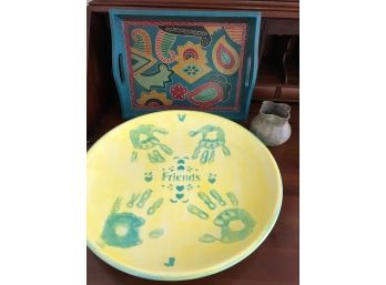 Large Friendship Ceramic Platter, Guatemalan Tray And Small Signed Vase