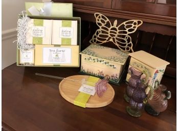 Assortment Of Decor Objects And A Tea Forte Sampler Gift Box