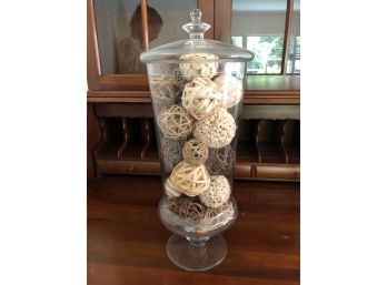 Tall Hand Blown Glass Container With Decorative Woven And Wood Balls