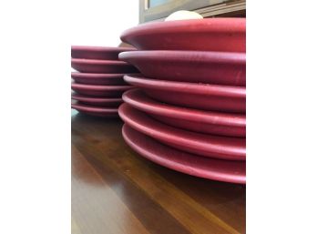 A Set Of 12 Ralph Lauren Red Wooden Chargers And 2 Serving Bowls