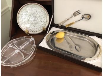 Inoxpran New Stainless Steel Serving Tray With 24 Kt Gold Trim With Utensils And More