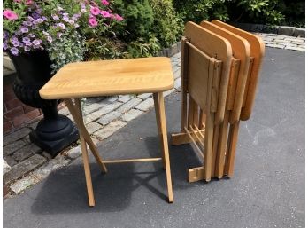 Wooden Folding TV Tables - Set Of 4 On Rack