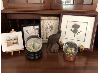 Selection Of Small  Original Art Work, Snow Globes And Wood Bird Sculpture