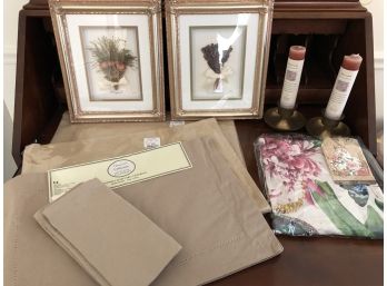 Dried Floral Shadow Boxes,  Linen Placemats And Napkins And Brass Candlesticks