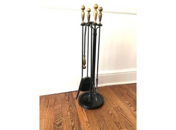 Black Wrought Iron And Brass Fireplace Tool Set