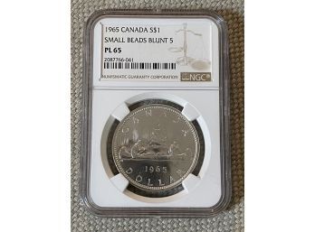 1965 Canada Silver Dollar Small Beads Blunt PL65 NGC