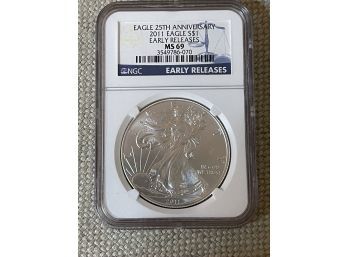2011 Silver Eagle 1 Oz Bullion Coin  MS 69 NGC