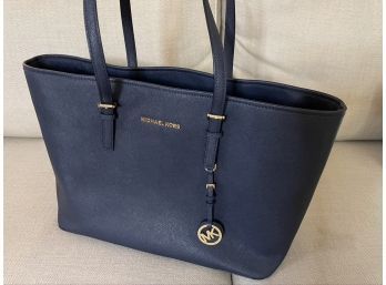 Michael Kors Navy Blue Leather Tote Bag With Laptop Interior Sleeve