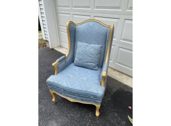 Ethan Allen Traditional Classic Blue Wing Chair With Wood Trim