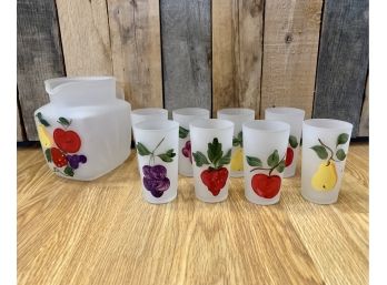 Vintage Hand Painted Frosted Glass 8 Juice Glass & Pitcher Set