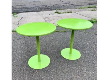 Pair Small Round Metal Green Enamel Painted Tables.