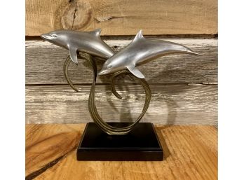 SPI Brass Dolphins Sculpture On Wood Base Signed