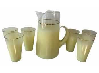 Vintage Yellow Blendo Glass Pitcher With Six Glasses