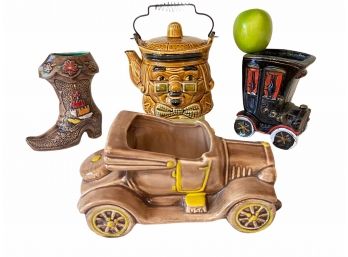 Four Piece Vintage Ceramic Lot Boot Vase, Cars And A Teapot