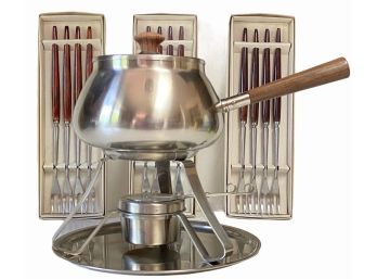 Pristine Vintage Oneida Fondue Pot Set With 12 Dolphin Fondue Forks