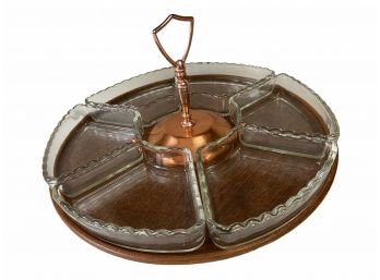 Vintage Wood Lazy Susan With Brass Handle & Glass Serving Dishes