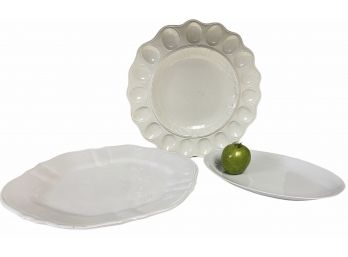 Large Italian Ceramic Deviled Egg Platter Plus Two White Platters