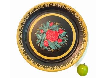 Large Vintage Hand Painted Metal Tole Tray With Roses