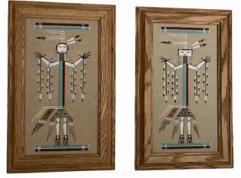 Pair Of Artist Signed Native American 'Sun God'  Sand Paintings By L. Johnson