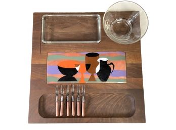 MCM Walnut Cheese Board With Hand Painted Tile Two Glass Inserts And A Set Of Cocktail Forks