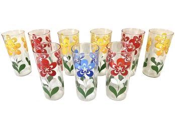 A Vintage Set Of Nine Glass Flower Power Tall Tumblers