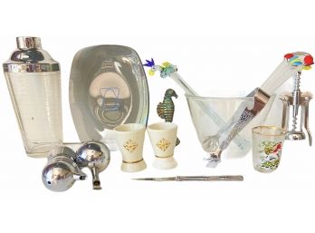 MCM Bar Lot - Including  Murano Glass Stirrers, Etched Polka Dot Ice Bucket And More!