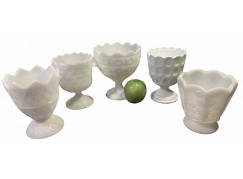 A Collection Of Vintage Milk Glass,  Five Footed Vases One Nabco And Four E.O. Brody Co. (B)