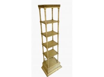 Mid Century Faux Bamboo Yellow Painted Etagere With Brass Trim Top