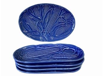 Vintage Royal Blue Corn Platter With Four Corn Plates