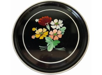 Vintage Hand Painted Metal Tole Black Tray With Flowers.