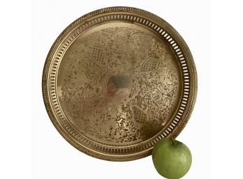 Vintage Chased Brass Round Tray With Gallery Rim