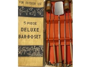 Vintage Five Piece Deluxe Bar-b-Q Set With Attached Salt And Pepper Shakers