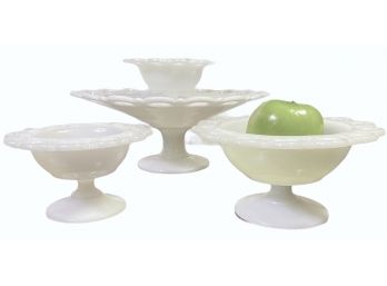 Vintage Milk Glass Four Piece Set Of Footed Bowls With Pierced Rims (A)