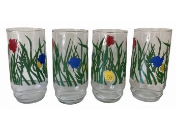 Four Vintage Glass Tumblers With Flowers