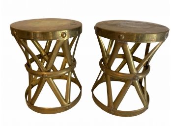 Pair Of Vintage Mid Century Brass Plant Stands, Stools Or Accent Tables