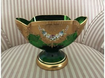 Vintage Emerald Green Fan Shaped Glass Pedestal Bowl