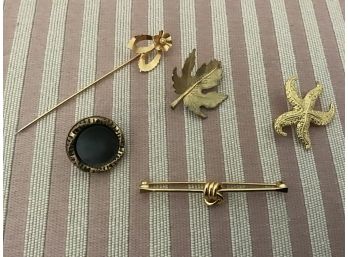 Five Gold Tone Pins Including Star Fish, Winard Gold Filled Maple Leaf, Etc. - Lot #20