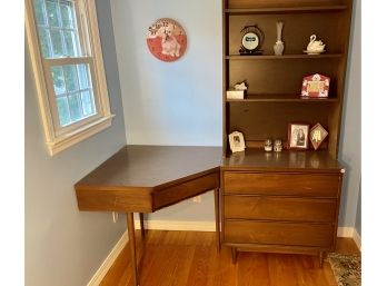 MCM Three Legged Corner Desk With Matched Three Drawer Chest And Bookcase Top