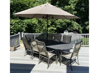 Large Cast Aluminum Castelle Patio Table, Eight Chairs, Sunbrella Umbrella And Umbrella Lights