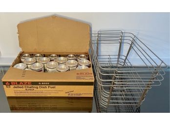 Four Wire Chafing Tray Stands And A Large Box Of Cooking Gel Cans