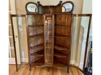 Beautiful Antique Oak Bow Glass Front Five Shelf Display Cabinet With Two Carved Dragons