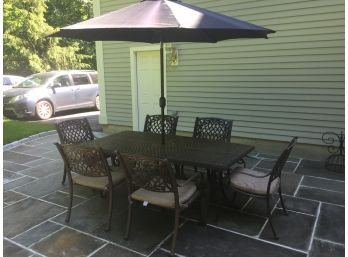 Aluminum Outdoor Patio Table, Umbrella And Six Chairs