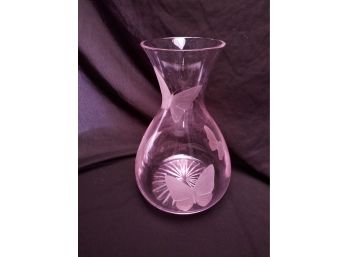 Pink Hourglass Shaped Glass Vase With A Etched Butterfly Pattern