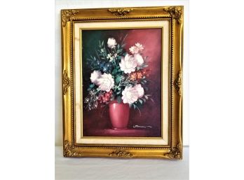 Vintage Floral Vase Still Life Canvas Oil Painting Signed By Artist Johnson