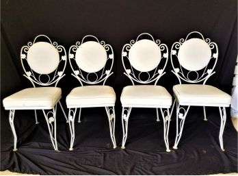 Six Vintage White Scrolled Wrought Iron Cushioned Chairs