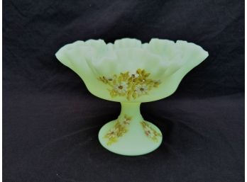 Vintage Fenton Satin Custard Uranium Hand Painted Glass Pedestal Bowl  'Signed'