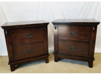 Two Dark Brown Nightstands With Metal Drawer Pulls