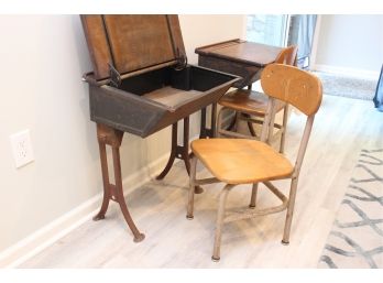 Pair Of Vintage Wooden Children's Desks & Chairs